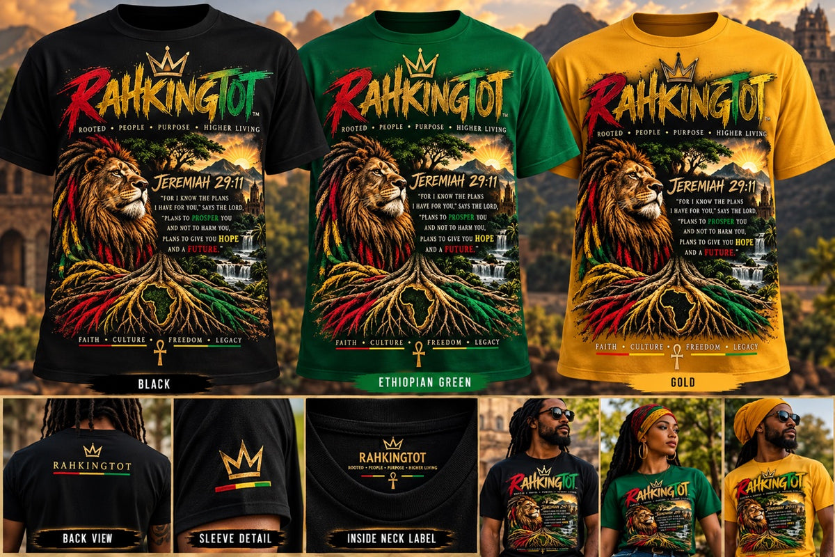 Rahkingtot Jeremiah 29:11 Tee - all three colors with back view, sleeve detail and neck label