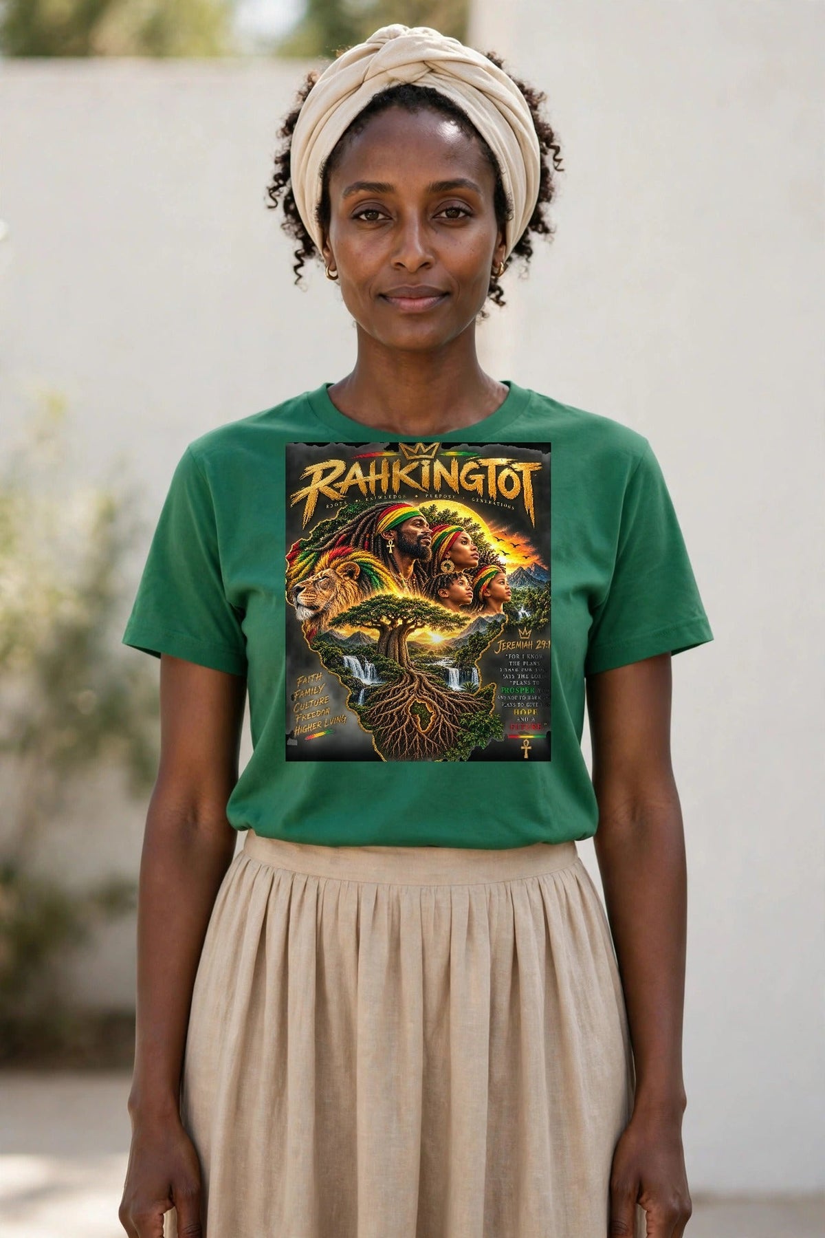 Rahkingtot Generations Jeremiah 29:11 Tee - front view, woman in Ethiopian Green