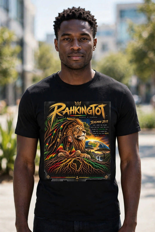 Rahkingtot Heritage Lion Jeremiah 29:11 Tee - front view, man in Black