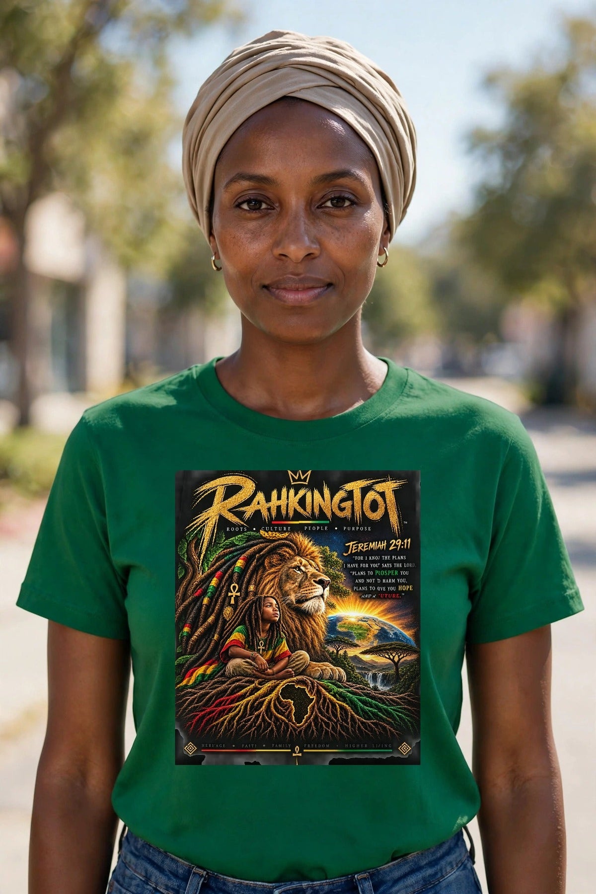 Rahkingtot Heritage Lion Jeremiah 29:11 Tee - front view, woman in Ethiopian Green