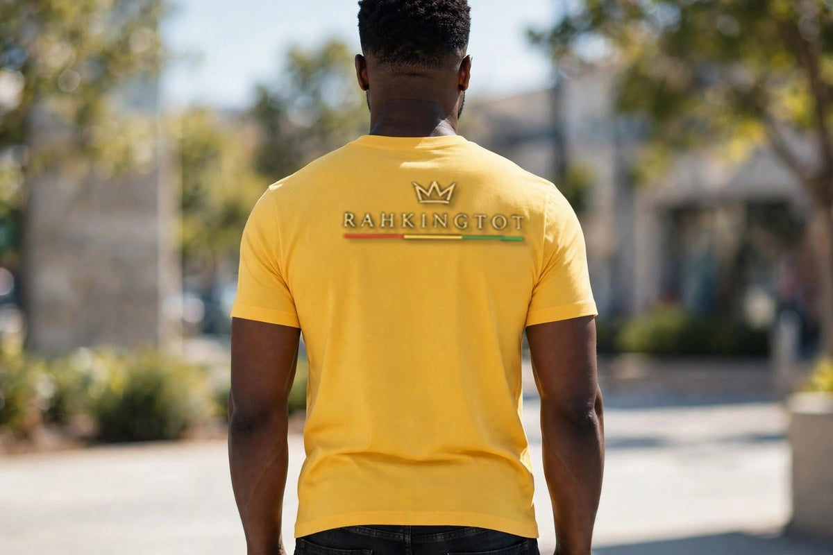 Rahkingtot Heritage Lion Jeremiah 29:11 Tee - back view, RAHKINGTOT crown logo in Gold