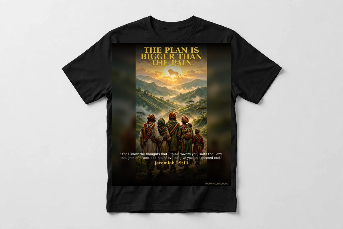 The Plan Is Bigger Than The Pain Tee on a black shirt