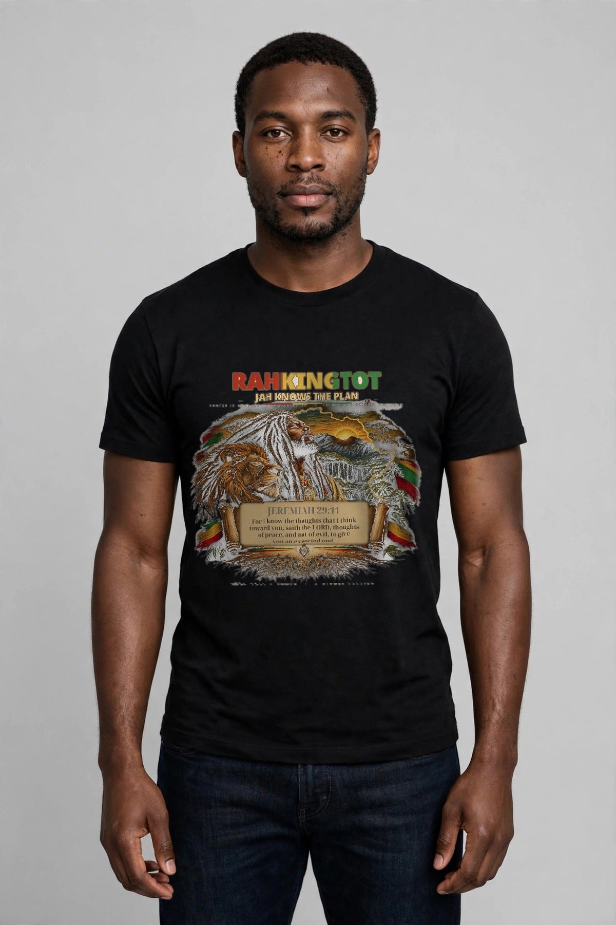 Rahkingtot Jah Knows the Plan Tee - front view, man