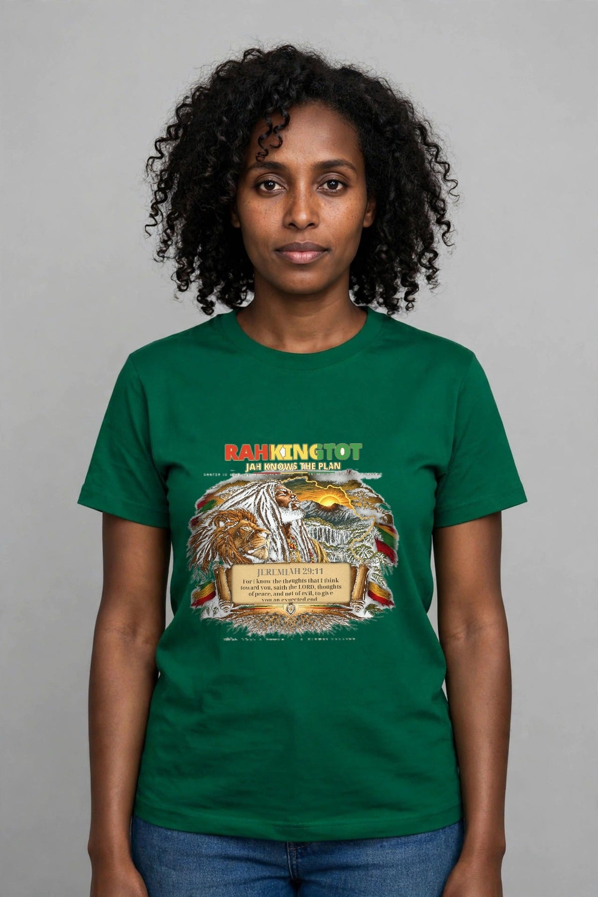 Rahkingtot Jah Knows the Plan Tee - front view, woman