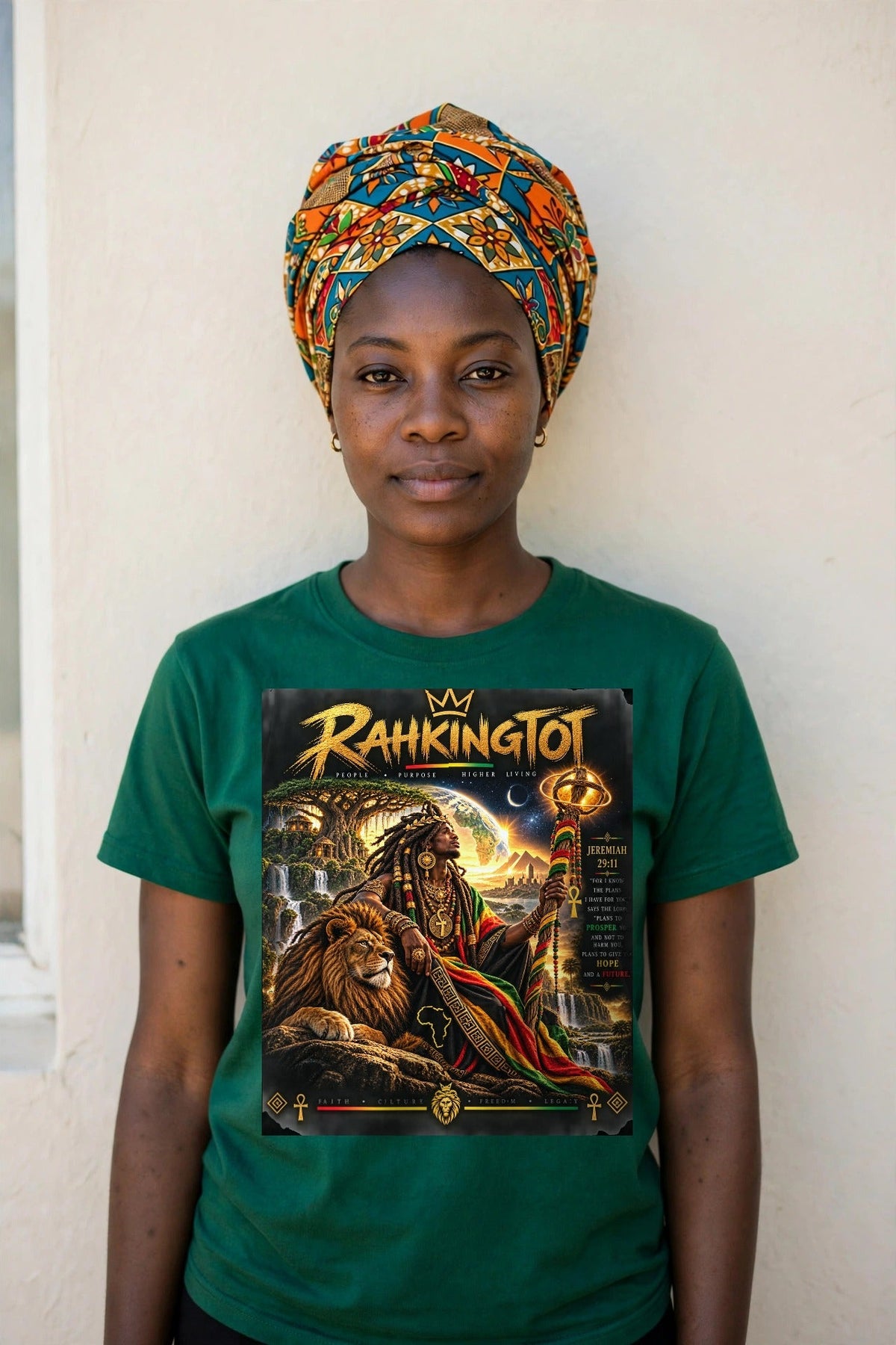 Rahkingtot King of Legacy Tee - front view, woman in Ethiopian Green, fixed big chest print