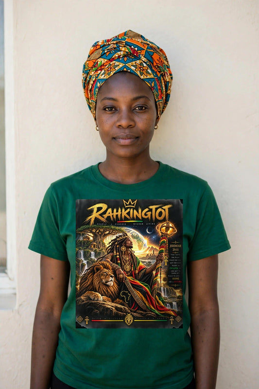 Rahkingtot King of Legacy Tee - front view, woman in Ethiopian Green, fixed big chest print