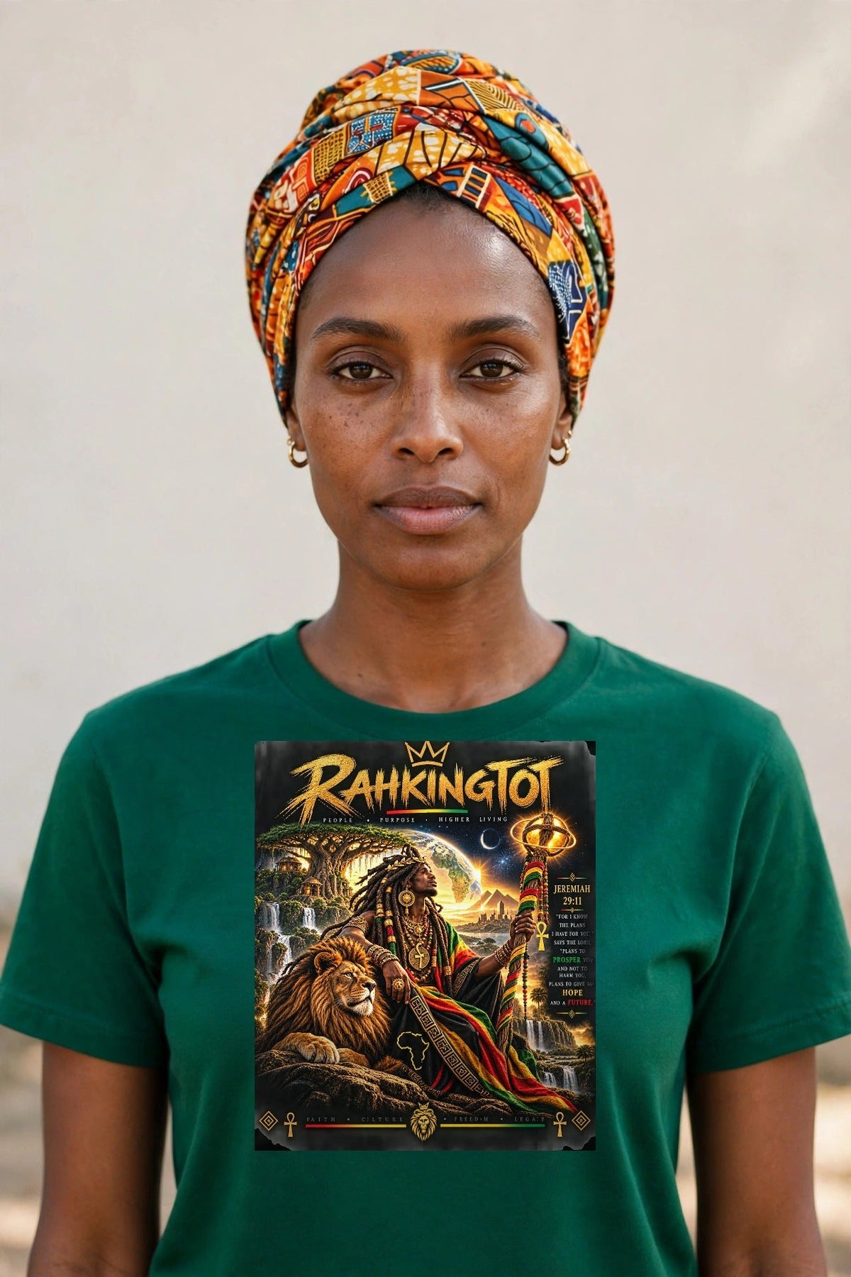 Rahkingtot King of Legacy Tee - front view, woman in Ethiopian Green