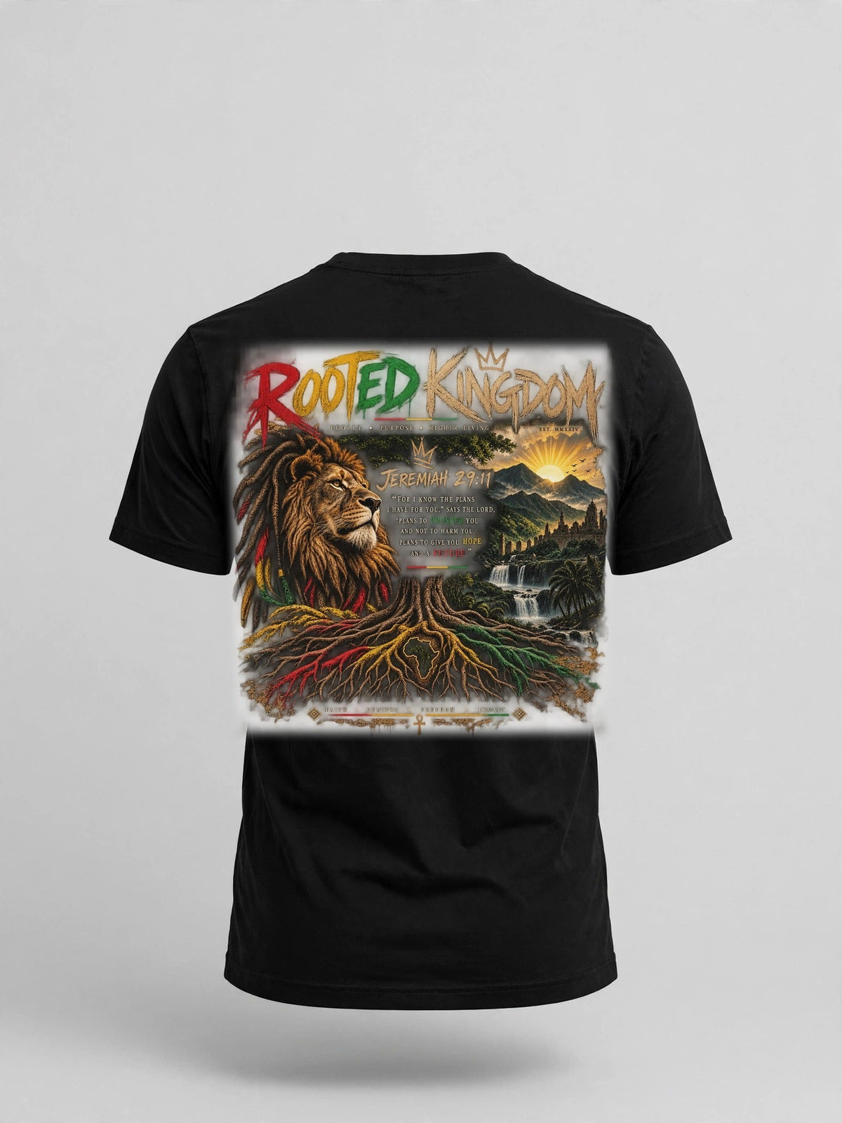 Rooted Kingdom tee - back view on mannequin