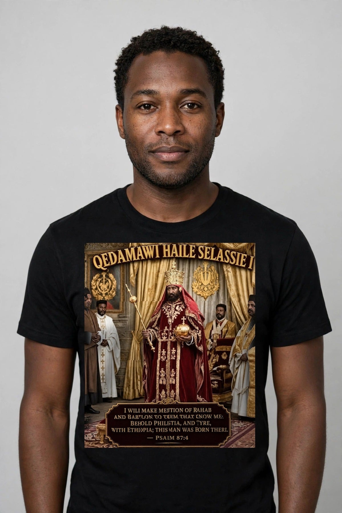 Qedamawi Haile Selassie I Psalm 87:4 Tee - front view, man