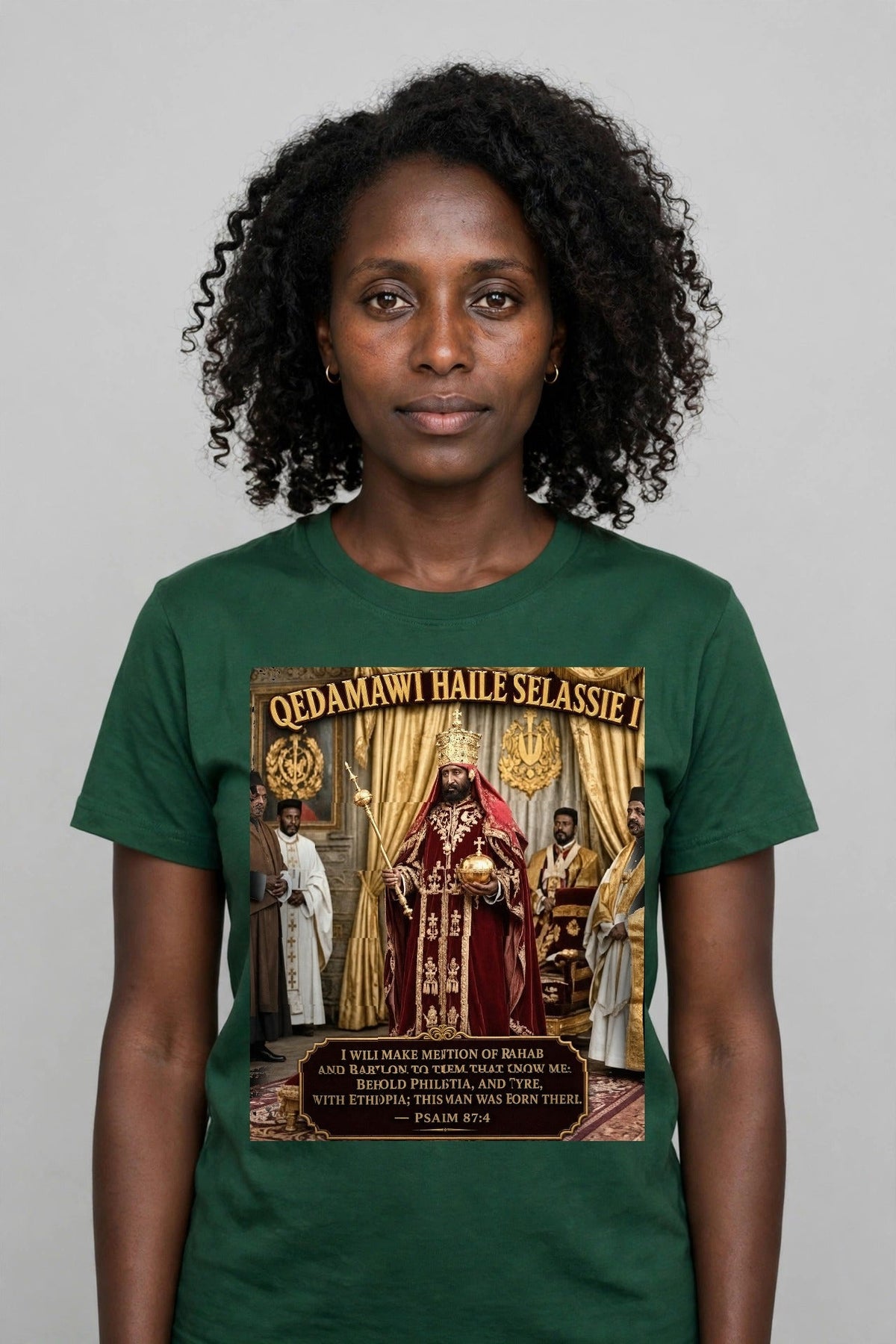 Qedamawi Haile Selassie I Psalm 87:4 Tee - front view, woman